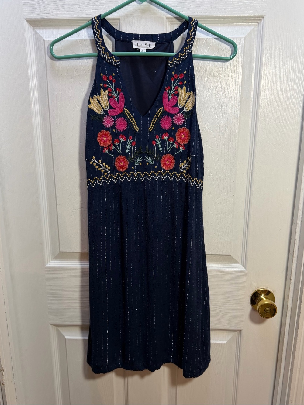 THML Navy Sleeveless Embroidered Mini Dress with Pink & Gold Accents - Picture 1 of 4